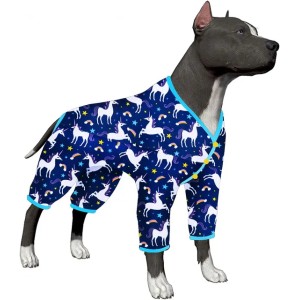 Clothes for a Pitbull: Stretchy Dog Onesie for Anxiety Calming & Anti-Licking, Lightweight Pet Shirt with Horse Print, Blue, Large (Default)