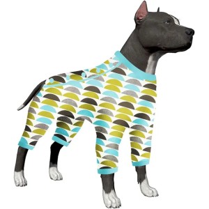 Pitbull Clothes for Dogs - LovinPet Large Dog Pajamas, Norwegian Woods Print, Comfy Stretchy Surgery Recovery Suit, Brown Blue 3XL
