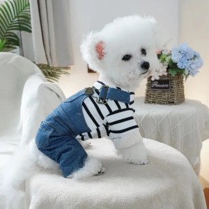2025 new Cute cartoon puppy top boy classic striped jeans jumpsuit suitable for small midrange dogs Chihuahua French Bulldog clothi