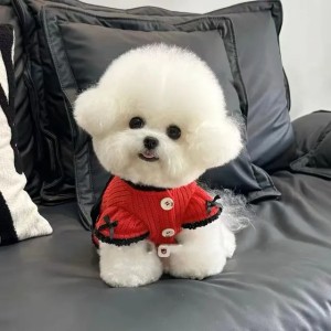 T1428 Dog Clothes Autumn and Winter New Bow Puff Sleeve Jacket Thick Sweater Pet Bichon Teddy New Year Dress (A4-2)