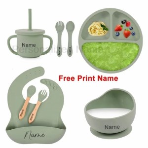 Cups Dishes Utensils 8Pcs Baby Silicone Feeding Set Round Dining Plate Sucker Bowl Dishes For Kids Personalized Name Children's Tableware Straw Cup 231006