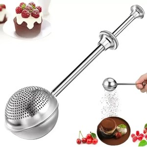 Flour Duster For Baking Handed Operation 304 Stainless Steel Powdered Sugar Shaker Dusters Pick Up Dust Flour Sifter Powder Filter Spoon Baker Dusting Wand HJ0814 (Silvery)