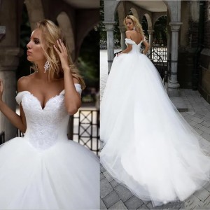 New Ball Gown Wedding Dresses Sweetheart Off Shoulder Princess Bridal Gowns Beaded Lace with Pearls Lace-up Wedding Dress (Size Size Guide)