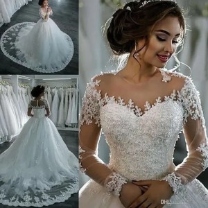 Buyers' PicksWedding Dresses Ivory Bridal Gowns White New Plus Size Formal Ball Gown Tulle Applique Custom Beaded Button Zipper O-Neck Long Sleeve Illusion
