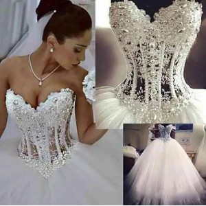 2021 amazing Ball Gown Wedding Dresses Sweetheart Corset See Through Floor Length Princess Bridal Gowns Beaded Lace Pearls Custom Made (Size Size Guide)