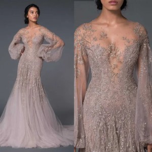 Shining Evening Dresses Mermaid O-Neck Crystals Sequins Long Sleeves Prom Gowns Party Dress Sweep Train Customized