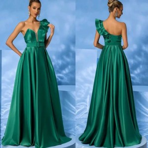 Elegant Green Evening Dresses Satin One Shoulder Sleeveless Crystal A-line Women Formal Party Prom Gowns Customised