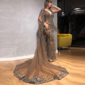Dubai Crystal Rhies Mermaid Evening Dresses 2026 With Cape Beaded Champagne Long Prom Gowns Modest Party Dress (Size Size Guide)