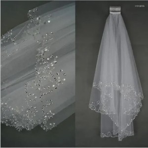 Bridal Veils Short Beaded Wedding Veil Two Layer White/Ivory Sequin Tulle 75 CM Length With Comb Edge Woman Accessories