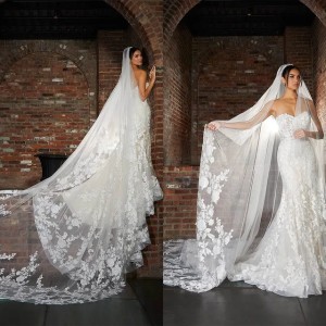 Buyers' PicksIllusion Wedding Veil Appliques Lace One Layer Long Cathedral Length Veils Applique Edge Velo De Cabeza High Quality Custom Made