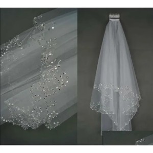 Veils Simple Veil With Comb Fashion Ribbon Edge Short Two Layer Sequined Shoulder Length Wedding Accessories White/Ivory Drop Deliver Ot6V0