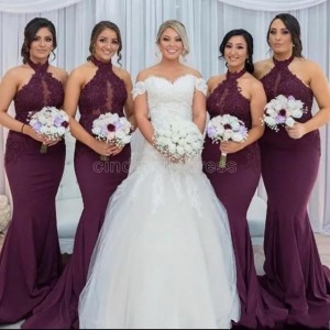 Lace Appliqued Mermaid Bridesmaid Dresses Vintage High Neck Sheath Wedding Guest Gown Long Formal Prom Evening Dresses BM0982