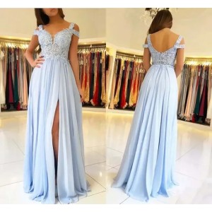 Bridesmaid Dresses Side Split Sky Blue Off The Shoulder Lace Appliques Chiffon high quality Wedding dress Guest Dresses Maid Of Honor Gowns formal dresses for women (Size Size Guide)