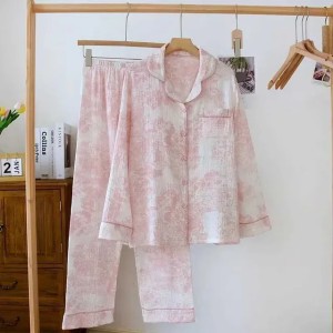 100% Cotton Gauze Women Pajamas Sleepwear Female 2 Piece Set Ink Painting Printing Nightwear Pyjamas Home Clothes LoungewearC250310