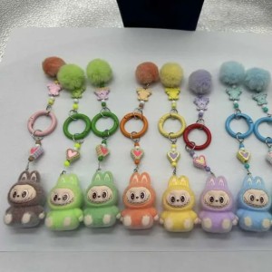 New Arrival Sitting Labubu Keychain Mini Flocking Labubu Key Chain Kawaii Cell Phone Charm Ornaments Cute Rabbit Keyring Gift U250604