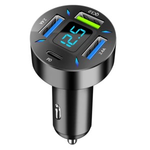 66W 4 Ports USB PD Quick Car Charger QC3.0 Type C Fast Charging Car Adapter Cigarette Lighter Socket Splitter For Mobile Phone (Black)