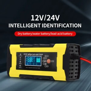 Car Motorcycle SUV Pulse Repair Battery Charger Intelligent 12V 10A Battery Charge Tool LCD Display Gel Wet Lead Acid (Yellow)