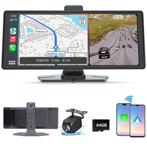 10.26'' Wireless CarPlay & Android Auto Screen for Car with 4K Dash Cam, 1080p Backup Camera, Bluetooth, GPS Navigation, Voice Control, Mirror Link, Car Stereo Fits All Vehicles