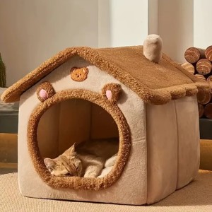 Removable Washable Cat House Foldable Pet House Puppy Cave Sofa Pet Bed House for Extra Small Dogs and Small and Medium Cats (Brown)