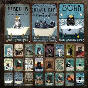 Black Cat Metal Poster Cat Taking A Bath Funny Metal Sign Tin Sign Animal Vintage Plaque Wall Stickers for Bathroom Decoration