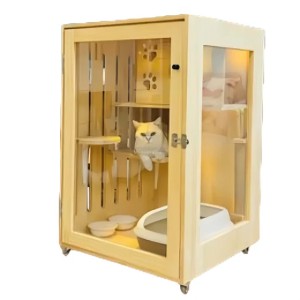 Cat Carriers Modern Solid Wood Villa House Large Free Space Cage Indoor Portable Transparent Supply Bilayer (Yellow)
