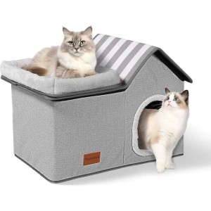 Topmart Cat House With - Large Indoor Condo, 2-in-1 Pet Bed for Kittens and Small Cats, Grey