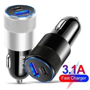 38W 3.1A PD Portable Car Charger Metal Dual 2-Port USB-A USB-C Output Fast Charging Car Adapter For iPhone 16 15 14 13 12 11 Pro Plus Xiaomi Samsung S25 S24 Quick Charger (Leave message about color)