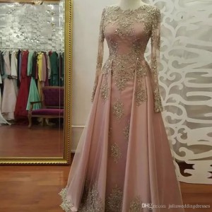Modest Long Sleeve Blush Pink Prom Dresses Wear Lace Appliques Crystal Abiye Dubai Evening Gowns Caftan Muslim Party Dress QC1119 (Size Size Guide)