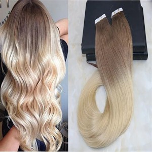Glue in Hair Ombre Extensions Tape on Brazilian Remy Hair Fading Color Light Brown #6 to Bleach Blonde #613 Dip Dye Color Weft (6/613#)