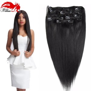 Clip in Human Hair Extensions 100% Real Remy Thick True Double Weft Full Head 8 Pieces Straight silky (Natural Color)