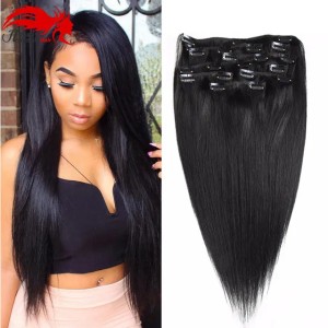 Hannah product Straight Brazilian Non-remy Hair #1B Natural Black Color Human Hair Clip In Extensions 70 Gram 12 to 26 inches (Natural Color)