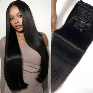 Straight In Extensions Real Huamn Natural Black #1B 100% Remy Double Weft Brazilian Human Hair Clip ins 16-26inch 120G