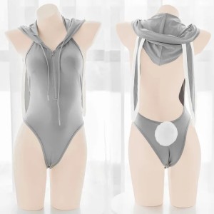 Cosplay Wigs Cute Girl Gray Bunny Bodysuit Swimsuit Cosplay Women Sexy Zipper Lingerie Rabbit Roleplay Hoodie Backless Hooded Tops Dropship T221115