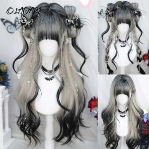 OLA Long Body Wave Black And Gray Ombre Cosplay Wigs Heat Resistant Synthetic Wigs Bangs Natural Lolita Wigs For Women Halloween S251016