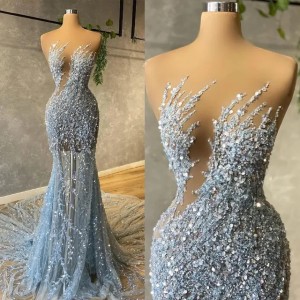 Sparkly Blue Sequins Beaded Mermaid Prom Dresses 2023 Sexy Sheer Neck Plus Size Sweep Train Formal Evening Occasion Gowns
