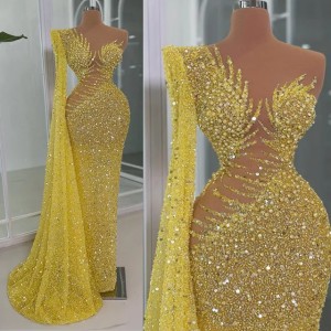 2024 Gold Prom Dresses for Black Women Evening Dresses Illusion Mermaid Promdress Beaded Lace One Shoulder Sequined Lace Pearls Second Reception Gowns AM1010 (Size Size Guide)