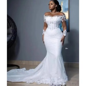 Beading Mermaid Wedding Dresses Women Elegant Sheer Long Sleeved African Bridal Gowns Lace Country Dress Second Reception Gown Plus Size (Size Size Guide)