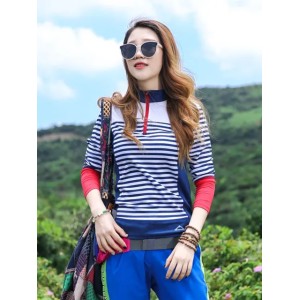Spring Autumn Women Hiking Climbing Shirt Quick Drying T-Shirt High Elastic Long Sleeved Stripe Sweatshirt Outdoor Sport Clothes