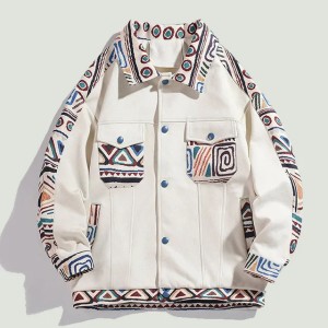 Hip Hop Oversized Varsity Jackets Men Harajuku Bohemian Unique Pattern Printed Patchwork Multi-pockets Lapel Casual Coats Unisex