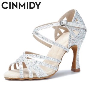 CINMIDY Satin Glitter Dance Shoes Women Rhinestone Latin Dance Shoes Ballroom Dance High Heels Party Shoes Women Wedding Shoes 240607 (Size Size Guide)