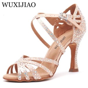 WUXIJIAO Women Party Dance Shoes Satin Shining rhinestones Soft Bottom Latin Dance Shoes Woman Salsa Dance Shoes heel5CM 10CM 240607 (Size Size Guide)