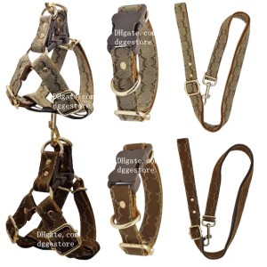 Designer Dog Harness Collar Leash, Classic Letter Pattern Harness, Easy Walking Comfortable Control,Thickened Double-Layer Nylon Harness Vest for Small Large Dog 213 (Khaki)