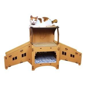 Cardboard Cat House Castle Playground, Multi-Level Cat Hideout Scratcher with Detachable Hanging and Spring Toys