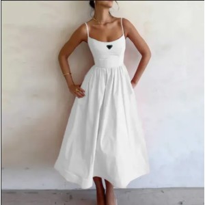 Basic Casual Dresses designer Women Summer New Solid Color Sexy U-Neck with Waist Fold and Hanging Strap Big Swing Dress for Women CXG2503074F12 (Size Size Guide)