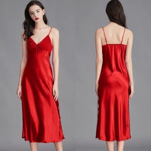 L1019Cross-border suspender pajamas women's summer ice silk sexy slit long dress (Size Size Guide)