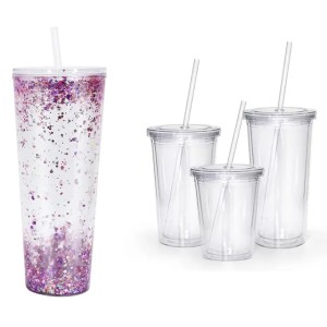 Predrilled 12oz 16oz 24oz Acrylic Tumblers with lid and Straws Snow Globe Tumbler Double Wall Clear Plastic Tumblers with hole and plug for DIY