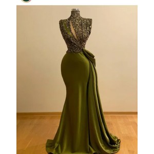 Hunter Green Crystal Beaded Mermaid Prom Dresses Vintage High Neck Evening Gown Saudi Arabic Long Formal Party Gown (Size Size Guide)