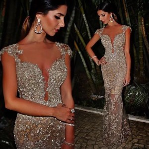 Arabic Sheer Cap Sleeves Lace Long Evening Dress Tulle Lace Beaded Mermaid Plus Size Prom Dresses Long Formal Party Gowns