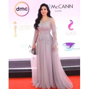 Buyers' PicksSaudi Arabia Women Evening Dress 2025 Celebrity Red Carpet Dresses Sheer Crew Neck Prom Formal Party Gowns Lace Applique Long Sleeves Tulle robe de soriee (Size Size Guide)