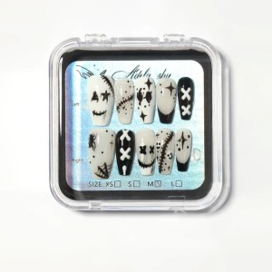 10Pcs Halloween Gothic Style Black White Press On Nails with Stitched Face, Cross, Star, and Spiderweb Designs for birthday,daily,festival. (Multi)